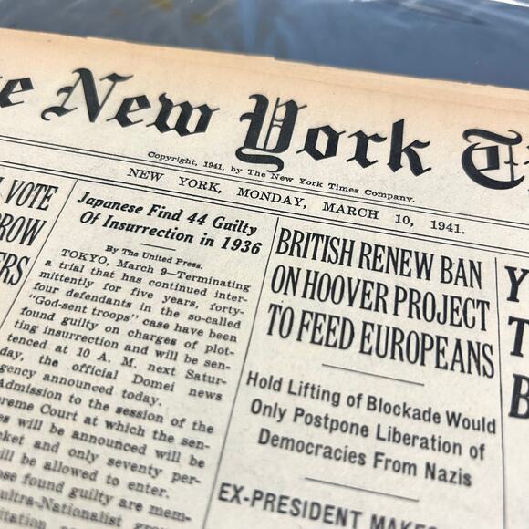 Vintage March 10, 1941 New York Times Newspaper WWII Era Collectible Certificate - Picture 1 of 16